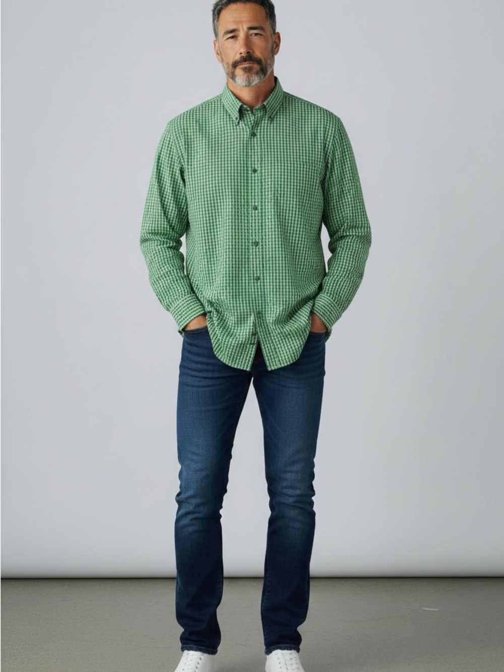 Paul Fredrick Green Gingham Button-Down Shirt Dress Cotton 18.5X34